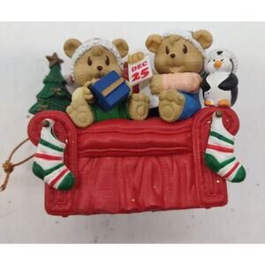 Teddy Bear Christmas Morning Ornament Dec. 25 Opening Presents 1997 Vintage